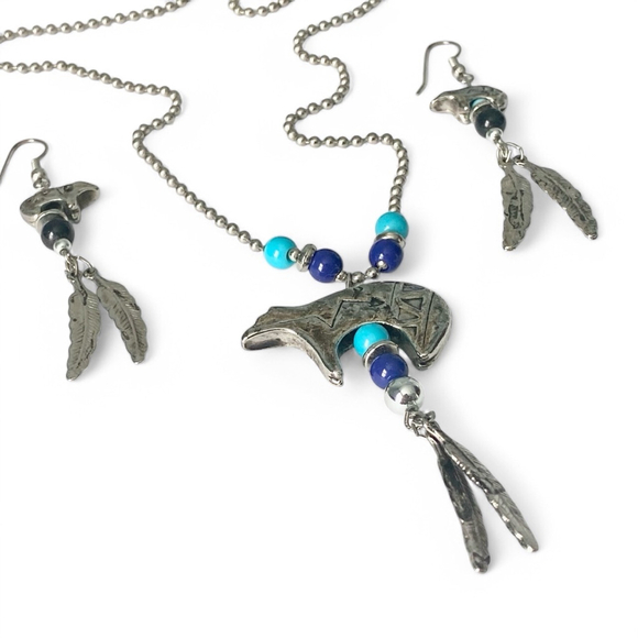 Native American Necklace & Earring Set Silver Bear Feathers Turquoise Blue Beads - Picture 2 of 6